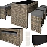 tectake® Bartisch mit Barhocker Set, Polyrattan Gartenbar Set mit Bartisch und 6 Barhocker mit weichen Sitzpolstern, Gartenmöbel Set inkl. Schutzhülle, ideal für Garten, Balkon, Terrasse - Natur