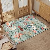 HUGEAR Grün Waschbarer Teppich Blumenmuster 60x90cm Bumen Boho Eingangsbereich Neutral Modern Fußmatte Badezimmerteppich Weich rutschfest Kleiner Kurzflor Bad Schlafzimmer Carpet Bedroom