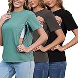 Love2Mi 3er Set Stillshirt mit verstecktem Reißverschluss Stillöffnung kurzen Umstandstop Stillen T-Shirt für Schwangere