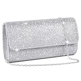 OSDUE Kettentasche, Clutch Damen, Glitzer Abendtasche, Elegante Envelope Tasche Kettentasche Schultertaschen für Hochzeit Party Freizeit Date(Silber)
