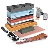 Abziehsteine Schleifstein Set für Messer – Wucgea Professionell Wetzstein Körnung 400/1000 3000/8000 mit Rutschfeste basis Flachstein Winkelführung Lederstreifen Poliermasse Schnittfeste Handschuhe