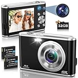Digitalkamera, AutoFocus 4K Fotoapparat Digitalkamera mit Dual-Kamera mit 32GB Speicherkarte HD 48MP 16X Digitalzoom 2,8' großem Bildschirm Kompaktkamera Fotokamera für Einsteiger(Schwarz