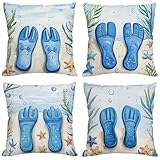 Outdoor Kissen Blau Kissenbezug 55x55 cm 4er Set Sofakissen Strand Outdoor Kissenhülle wasserdichte Leinen Doppelseitiger Gedruckte Zierpolster für Garten Balkon Dekokissen Indoor Deko,Gifts z-146