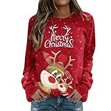 Damen-Sweatshirt mit Rundhalsausschnitt, Merry Christmas-Aufdruck, Rundhalsausschnitt, Passform, leger, langärmelig, Workout-Shirts, lockere Bluse, Damen Kapuzenpullover, rot, 38