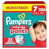 Pampers Baby-Dry Pants Größe 7, 126 Windeln, 15kg+, 360° Passform hilft, Auslaufen zu verhindern