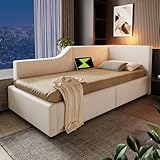LuxeLiving Polsterbett 90x200 cm Tagesbett, Bettgestell mit hydraulischem Stauraum, Leselicht, Ladefunktion, Jugendbett Kinderbett Einzelbett Schlafsofa mit Lattenrost, Beige, Ohne Matratze