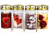 4 Grablichter, Grabkerzen mit Motiv 4er Set- 18x7,5 cm - 3986 - ca. 4 Tage Brenndauer je Grablicht – Trauerkerze - Motivkerze - Gedenkkerze