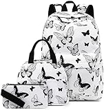 LEDAOU Schulrucksack Mädchen Kinderrucksack Schultasche Teenager Schul Rucksack für Kinder Schultaschen-Sets mit Lunchpaket und Federmäppchen(Schwarzer Schmetterling)