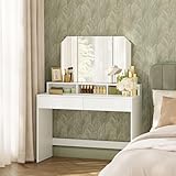 VASAGLE RDT115W01 Schminktisch mit Klappspiegel und 2 Schubladen, 3 offene Fächer, für Make-up, modern, Wolkenweiß