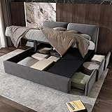Rtopsu Polsterbett Doppelbett 180x200 cm mit 3 Stauraum Schubladen, Bett mit Stauraum und Kopfteil, Stauraumbett mit Hydraulische Metallrahmen und Lattenrost aus Holz, Samt, Grau, Ohne Matratze