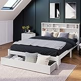 LATICO Doppelbett Holzbett 140x200 cm, Massivholz Kinderbett mit Schubladen, Bett mit Bücherregal und Lattenrost, StauraumBett, Jugendbett, Funktionsbett, Bettgestell aus Holz, Weiß