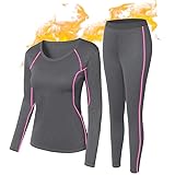 SIMIYA Damen Thermounterwäsche Set, Winter Skiunterwäsche Set Ski Thermo Unterwäsche mit Innenfleece, Thermowäsche Atmungsaktiv Funktionswäsche für Winter (Dunkelgrau-Rose, XS)