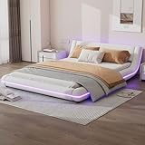 Rtopsu Doppelbett Polsterbett 140x200 cm, Bett mit LED-Beleuchtung, Modern Bodenbett mit Metallbettgestell und Lattenrost aus Holz, PU, Weiß, Ohne Matratze