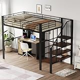 Hochbett 140 x 200 Stabile Metallkonstruktion mit geräumigem Stauraum unter dem Bett und Treppe Ideal für Kinder und Erwachsene Stauraumbett für maximale Platzeffizienz (Schwarz)