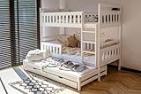 Kids Collective Hochbett 90x200 mit Ausziehbett Etagenbett mit Ausziehfunktion, Zwei Schubladen, Lattenrost, Rausfallschutz, umbaubar in DREI Einzelbetten, Vollholz massiv in Weiss