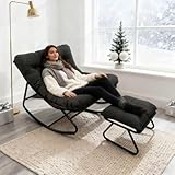 Schaukelsessel, Schaukelstuhl mit Hocker, Relaxstuhl mit Gepolstertem Kissen, Schaukelstuhl Wohnzimmer bis 150 kg Belastbar, Schaukelliege Outdoor Innen für Garten, Schlafzimmer, Terrasse (Schwarz)