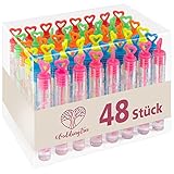 WeddingTree Seifenblasen Hochzeit Set in Regenbogenfarben - 48 Stück mit Herzgriff - herzallerliebst für Hochzeitsdeko Taufe Geburtstag Goldene Hochzeit Verlobung Valentinstag Gastgeschenk Party