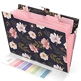 SKYDUE Fächermappe, Dokumentenmappe A4 Mit Bunten Labeln, Erweiterbar Ordner Mappen Ordnersystem Mit Druckknopf, Dokumentenmappe Für Büro Hause Schulalltag(Streublumen-Marineblau, 5 Tasche)