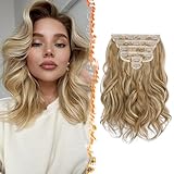BARSDAR Clip in Extensions, Wellige Clip in Haarverlängerungen Highlight Für Frauen 6PCs 30cm Voller Kopf Dickes Natürliches Weiches Synthetisches Clip in Haarteile - Glodenblond mit Highlights