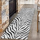 Zebra-Print Lange Flurteppichläufer, 60x150cm, Schwarz Weiß Zebrafell Schlafzimmerteppich, mitRutschfester Rückseite Farbbeständiger Druck Faltbar Waschbarer Teppich für Haustür