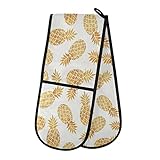 Lange Doppel-Ofenhandschuhe, goldfarbene Ananas, tropisch, hitzebeständig, gesteppt, Küchenhandschuhe, mit Schlaufe, waschbar, für Mikrowelle, Kochen, Backen, Grillen, 17,8 x 88,9 cm