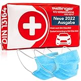 Rellinger® Erste Hilfe Set Auto [ZERTIFIZIERT NACH DIN 13164:2022] - inkl. 2x med. Gesichtsmasken - KFZ Verbandskasten 2022 in kompakter Nylon Tasche - Vollständiger Verbandskasten Auto nach StVO