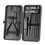 Maniküre Set Nagelknipser Pediküre Set-12pcs Edelstahl Nagelset, Pflegeset Männer, Nagelschere Set Werkzeuge Mit Luxuriöser Reise-Ledertasche Geschenkbox (12, Schwarz)
