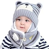 Bozaap Winter-Babymütze, Kleinkind, Winter, warmer Schal, Mütze, Halswärmer, niedliches Strickmütze, Schal, Set, Baby-Ohrenklappe, Beanie-Mütze mit Schal (grau)