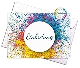 15 Einladungskarten & 15 Umschläge & 15 Aufkleber Holi – bunte Klappkarten im Qualitätsdruck als Set für Geburtstag, Feier, Party, für besondere Anlässe.