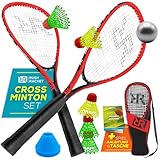 Rush Racket Speed Badminton Set RS3 – 5-teiliges Crossminton Set mit 2 Turbo Badminton Schlägern, 5 Federbällen, 1 Softball, 8 Feldmarkierungen & Tragetasche – Outdoor & Indoor Speedbadminton - Rot