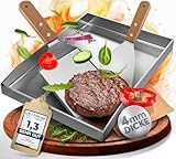 flammtal - Grillplatte aus 4mm rostfreiem Edelstahl [40 x 30cm] - Plancha Grillplatte mit Grillspachtel Set & Burgerpapier - Grillplatte Gas- & Kohlegrill - auslaufsichere Ecken für sauberes Grillen