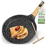 Nutrichef Crepe Pfanne 23 cm Schwarz – Antihaft & Marmorbeschichtet Mit Holzspatel, Induktionsgeeignet & spülmaschinenfest Für Crêpes, Dosas & Pfannkuchen