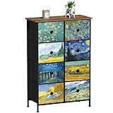 VEDECASA Schmal Kommode für Schlafzimmer Hohe Kommoden mit 8 Schubladen Van Gogh Schubladeneinheit für Kinderzimmer Wohnzimmer Flur Schlafzimmer Büro Metallrahmen Holzplatte Stoffkommode