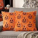 MIULEE Halloween Kissenbezug 45x45 cm Orange Schwarz mit Geist Kürbismonster Laternen Motiven Zierkissenbezug für Halloween Deko Kissenbezüge für Sofa Couchkissen Sofakissen