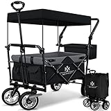 KESSER® Bollerwagen faltbar GT9000 Handwagen mit Dach |Transportwagen 2X 3-Punkt-Gurtsystem| Vollgummi-Reifen bis 80kg| Vorder & Hinterbremsen klappbar Inkl. Tragetasche| Schwarz/Grau