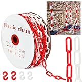 25 m Absperrkette Rot Weiß Kunststoffkette, 6mm Warnkette Plastikkett, Kunststoff Absperrkette mit 4 Karabinern für Barrieren in Auffahrten, Arbeitsplätzen und Garagen