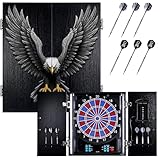 Yirinatek Dartscheibe Elektronisch, Dekoratives Elektronische Dartscheibe Schrank [6 Bronze Soft-Tip Pfeile], Eigene Lichtfarbe for Jeder Spieler, Profi E Dart Scheibe mit Holzschranktüren - [Adler]