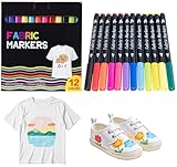 BLISSIQUEE 12 Textilstifte Waschmaschinenfest, Textilfarbe Waschmaschinenfest Permanent Stoffmalstifte Textilmarker für T-Shirts, Stoffbeutel zum Bemalen, Stoffbeutel, Schuhe, Basteln, Geschenk