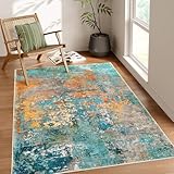 Rug-QJDDUP Teppich Wohnzimmer 80 x 160 cm Teppich Flur Modern Waschbar rutschfest Kurzflor für küchen Schlafzimmer Esszimmer Moderne abstrakte Tinte blau orange