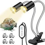 WDKXCN Schildkröte Wärmelampe, Doppelende Reptilien Terrarium Lampe mit 4 Stück 50W Glühbirnen, Wärmelampe Schildkröten mit Timing-Controller und 360° Schwenkklemme, UVA UVB Reptilien Heizlampe