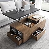 Homary Moderne Hebe-Top Couchtisch mit 3 Schubladen, Multifunktionaler Couchtisch mit Stauraum für Wohnzimmer, Schwarzer Nussbaum Couchtisch mit Lift-Top für kleine Räume