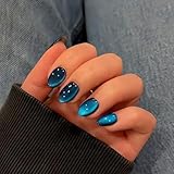 KQueenest Cat Eye Press On Nails Kurz - Glitzer Blau Schwarz Nägel zum Aufkleben Kurz, Sparkle Bling Fake Nails Set, Künstliche Fingernägel zum aufkleben Runde, Luxus Acryl Nägel für Frauen, 30 Stück
