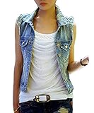 Runyue Damen Ärmellose Zerrissene Gewaschen Jeans Weste Fit Beiläufige Cowboy Denim Jacke Weste Jeansweste Blau L