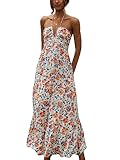 LYSINK Damen-Maxikleid mit Blumenmuster, Neckholder, ärmellos, rückenfrei, langes Kleid, elegant, fließend, gestuft, Rüschen, Sommerkleid, A-Orange, M