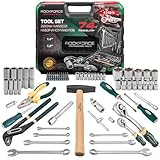 ROCKFORCE Werkzeugkoffer 74tlg – 1/2 & 1/4 Steckschlüsselsatz, Ratschen, Nüsse, Bits, Schraubenschlüssel, Zangen, Hammer – Profi Werkzeugset für Auto, Motorrad, Fahrrad, Heimwerker & Werkstatt