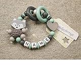 kleinerStorch® Baby Motorik Greifring personalisiert mit Namen | VIELE Farben | Holz Mädchen & Jungen Babyspielzeug & Lernspielzeug als Geschenk zur Geburt, Taufe | Fuchs (Mint)