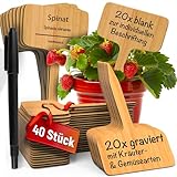 Pflanzenschilder Holz 40 Stk | 20 Pflanzschilder blank zur individuellen Beschriftung & 20 gravierte Schilder mit gängisten Kräuter & Gemüsearten | Kräuterschilder wetterfest | Pflanzenschilder