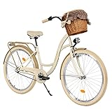 Milord Komfort Fahrrad mit Weidenkorb Hollandrad, Damenfahrrad, Citybike, Retro, Vintage, 28 Zoll, Creme-Braun, 3-Gang Shimano