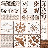 14 Stück Schablonen Set, Wiederverwendbare Kuchen Schablonen, Kunststoff Schablone, Blumen Schablone Handwerk Stencil, Malschablonen für Holz, Wände, Leinwand, Möbel