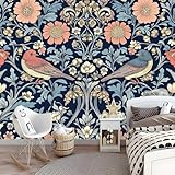 Fototapete Retro Blumen Vögel Blau Rosa 400 X 280 Cm(Wxh),Vlies Fototapete Schlafzimmer, Tapete, Designtapete Fototapeten Vliestapete Wandtapete Moderne Wand Wandbild Schlafzimmer Uv-Beständig